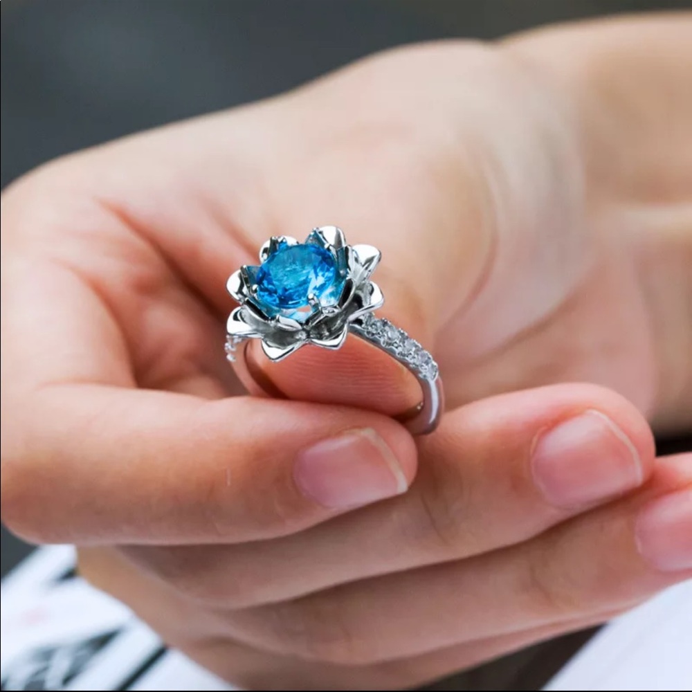 New 925 Silver Lotus Flower Sapphire Ring - Picture 1 of 6